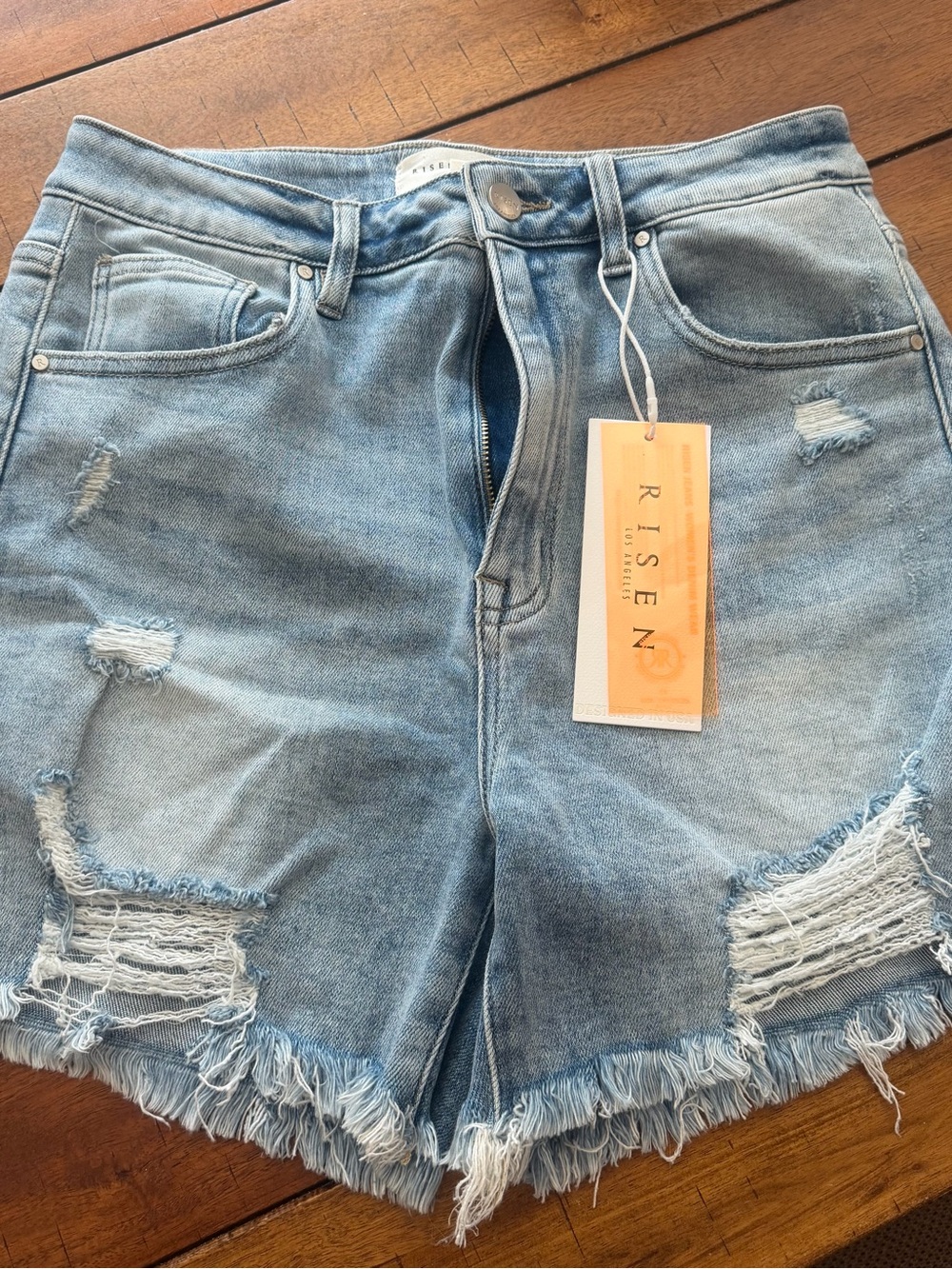 RISEN Women's Light Wash Frayed Denim Shorts Size L NWT